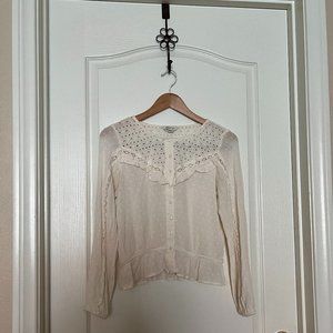 American Eagle Women's White Swiss Dot Eyelet Long Sleeve Ruffle Top Size Medium